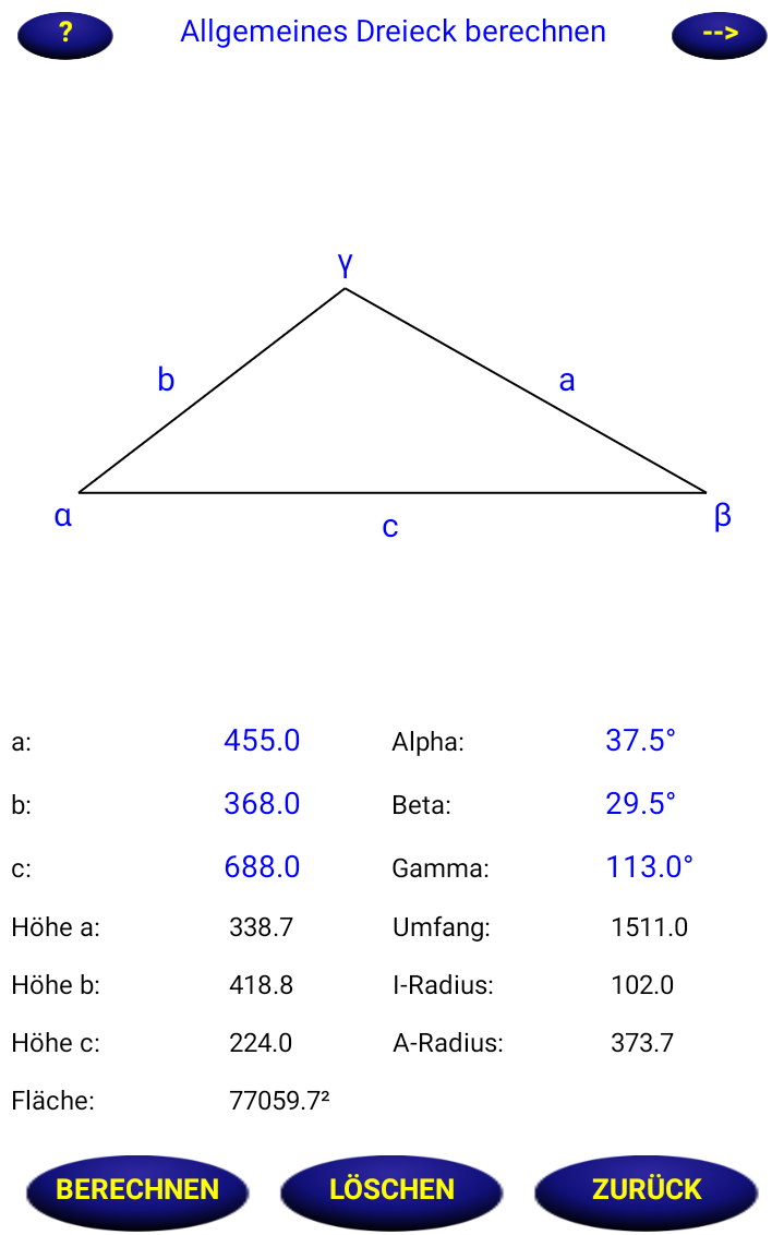 Die MathMaster App - Allgemeine Dreiecke berechnen